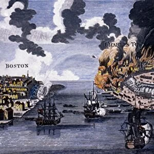 Burning of Charlestown and Battle of Bunker Hill, 17 June 1775. Colored English line engraving, c1785