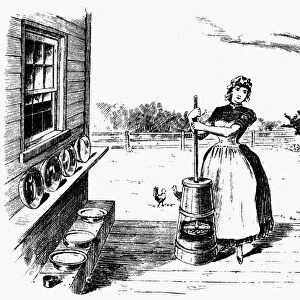 BUTTER CHURN, 19th CENTURY. Dutch mode of churning butter. Late 19th century line engraving