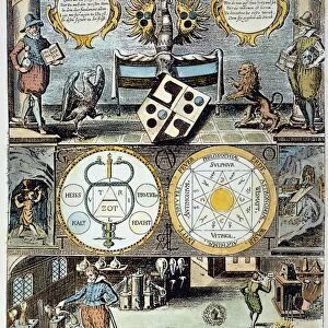CABALA, 1658. Page from Cabala, Speculus Artis, published in 1658 at Augsburg, depicting the four elements at center right and two alchemists in their laboratory