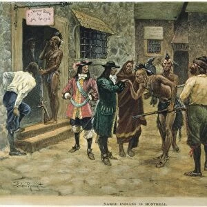 CANADA: FUR TRADE. Native Americans and voyageurs in 17th century Montreal. Color engraving, 1891, after Frederic Remington