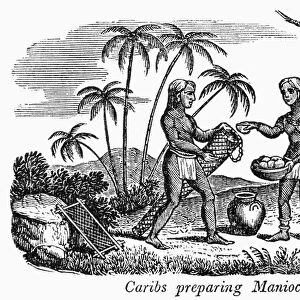 CARIBS: MANIOC. Carib Indians preparing manioc. Line engraving, 19th century