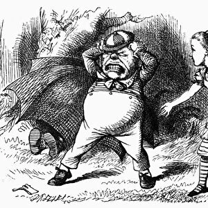 CARROLL: LOOKING GLASS. Tweedledum throwing a tantrum over a broken rattle while Tweedledee tries to hide in an umbrella. Wood engraving after Sir John Tenniel for the first edition of Lewis Carrolls Through the Looking Glass, 1872