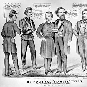 CARTOON: ELECTION OF 1864. The political Siamese twins: the offspring of Chicago miscegenation. Cartoon criticizing Democratic presidential nominee George B. McClellans reluctant inclusion on the copperhead ticket with vice presidential nominee George H. Pendleton for the election of 1864. Contemporary lithograph by Currier & Ives