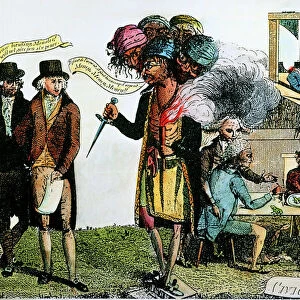 CARTOON: FRENCH WAR, 1798. Cinque-Tetes or the Paris Monster: an American cartoon of 1798 on the XYZ Affair; the five-man Directory ruling France demands money at daggers point from the