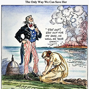 CARTOON: U. S. INTERVENTION. The Only Way We Can Save Her [Democracy]: American cartoon, 1939, by Carey Orr against U. S. intervention in European wars
