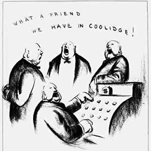 The Cash Register Chorus. American cartoon by D. R. Fitzpatrick, 1924, on the popularity of President Calvin Coolidges laissez-faire policies with American business leaders