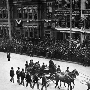 CENTENNIAL PARADE, 1889. President Benjamin Harrison in a parade in New York City to commemorate George Washingtons first inauguration