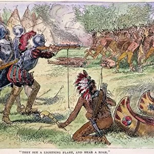 CHAMPLAIN FIGHTING NATIVE AMERICANS. Samuel de Champlains men, headed by an harquebusier, and friendly Algonquins defeat an Iroquois war party at the present site of Ticonderoga on Lake Champlain, 29 July 1609. Line engraving, American, 19th century