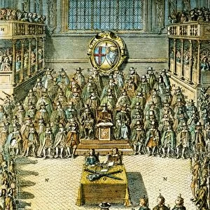 CHARLES I ON TRIAL. King Charles I of England (seated alone just before center) on trial before a specially constituted high court of justice in Westminster Hall on 20 January 1649. Colored English engraving, 1684