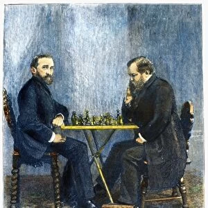 CHESS MATCH, 1886. Johannes Hermann Zukertort (left) and Wilhelm Steinitz at a chess championship match in New York, 1886. Contemporary American wood engraving