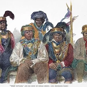 CHIEF BILLY BOWLEGS. Bowlegs (born 1810), second from right, with his Seminole delegation and their African American interpreter, Abraham (center rear), in New York City, 1853. Contemporary engraving
