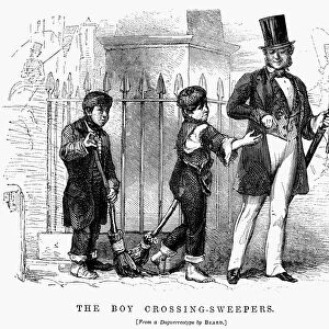 CHILD LABOR, 1861. Boys employed to sweep street crossings in London, England. Wood engraving from the celebrated study, London Labour and the London Poor, by Henry Mayhew, published in 1861