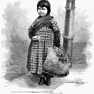 CHILD LABOR, 1861. A girl selling lucifer matches on a London, England, street corner. Wood engraving from the celebrated study, London Labour and the London Poor, by Henry Mayhew, published in 1861