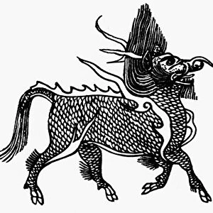 CHINESE MYTHOLOGY: CHI LIN. The Chi Lin, or dragon horse. Mythical Chinese creature and symbol of longevity, fertility, and prosperity. Line engraving