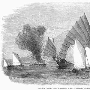 CHINESE PIRATES, 1855. Gunboats from the British ship HMS Racehorse attack and run aground a Chinese pirate ship in Pinghai Bay, China, 4 July 1853, killing nearly all onboard. Wood engraving from a contemporary English newspaper