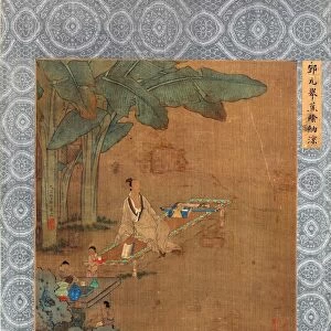 A Chinese sage sitting on a bench beneath banana trees, with servants preparing a meal. Chinese painting on silk, c1700-1850
