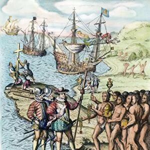 CHRISTOPHER COLUMBUS (1451-1506). Italian navigator. Landing on the island of Hispaniola, 1492