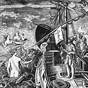 CHRISTOPHER COLUMBUS (1451-1506). Italian navigator. Christopher Columbus sailing through uncharted seas. Line engraving, c1585, by Andrianus Collaert after Stradanus