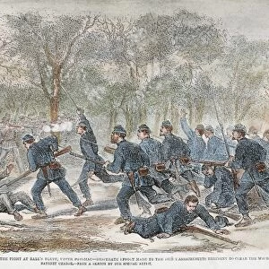 CIVIL WAR: BALLs BLUFF. Soldiers of the 15th Massachusetts Regiment charging with bayonets against Confederate positions at Balls Bluff, Virginia, 21 October 1861. Contemporary English wood engraving