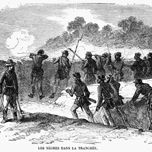 CIVIL WAR: BLACK TROOPS. Black soldiers serving in the trenches with the Union Army. Wood engraving, French, 1864