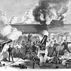 CIVIL WAR: FORT SUMTER. The Confederate battery at Fort Moultrie firing on Fort Sumter in Charleston Harbor on 12-13 April 1861: wood engraving from a contemporary American newspaper
