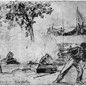CIVIL WAR: MORTARS, 1864. Coehorn mortars being fired by the Union Army during the Battle of Cold Harbor, Virginia, June 1864. Pencil drawing by Alfred R. Waud