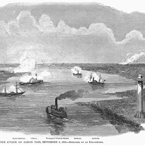 CIVIL WAR: SABINE PASS. Union gunboats unsuccessfully assaulting the Confederate position at Fort Griffin, near the mouth of the Sabine River, Texas, 8 September 1863. Contemporary wood engraving from an American newspaper