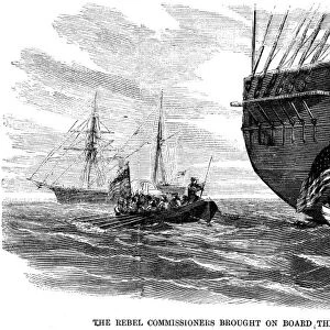 CIVIL WAR: TRENT AFFAIR. Confederate commissioners James M. Mason and John Slidell being brought onboard the USS San Jacinto from the English mail steamer Trent in the Bahama Channel, 8 November 1861. Contemporary American wood engraving