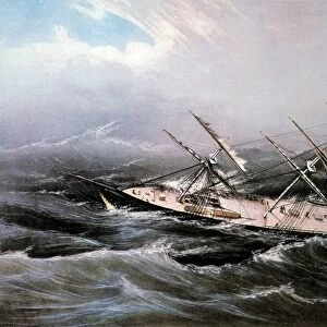 CLIPPER SHIP COMET, 1855. Of New York, in a hurricane off Bermuda: lithograph by Nathaniel Currier