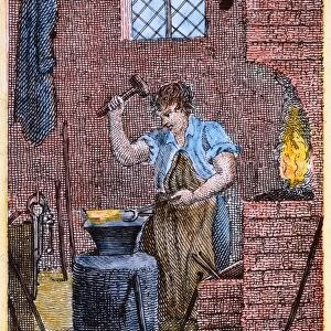 COLONIAL BLACKSMITH, 18th C. A colonial American blacksmith: line engraving, late 18th century