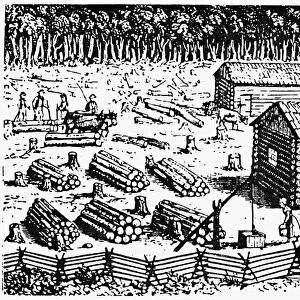 COLONIAL FARM SITE. An 18th century newly-cleared American farm site. Engraving, c1800
