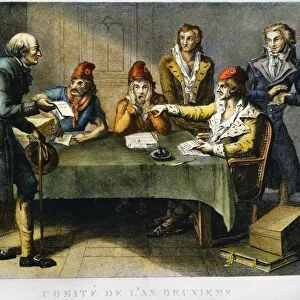 COMMITTEE OF PUBLIC SAFETY. A man holding a certificate of good citizenship before the Committee of Public Safety during Year 2 of the French Revolution; Citizen Robespierre stands at the extreme right: French engraving by J. B. Huet, fils, c1793