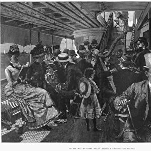 CONEY ISLAND: FERRY, 1886. On the Way to Coney Island. Engraving, American, 1886