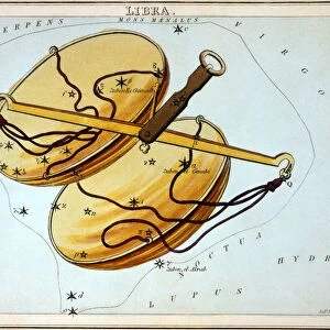 CONSTELLATION: LIBRA. Figuration of Libra. Line engraving by Sidney Hall from Uranias Mirror, London, 1825