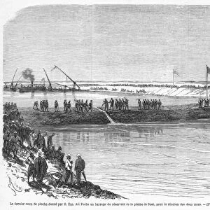 CONSTRUCTION OF SUEZ CANAL. Wood engraving from a French newspaper of 1869
