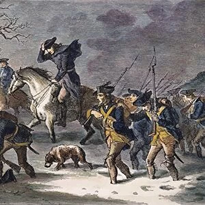 The Continental Amry marching to Valley Forge to take up winter quarters in 1777. Wood engraving, 19th century