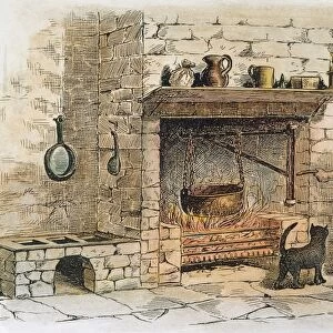 COOKING AT THE HEARTH. Wood engraving, American, 19th century