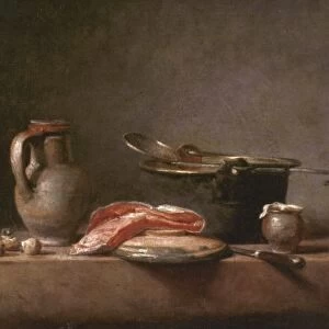 Copper Pot, Jug, and Slice of Salmon. Oil on canvas by Jean-Baptiste-Sim