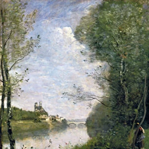 COROT: CATHEDRAL, c1855-60. Distant View of Mantes Cathedral. Oil on canvas by Jean-Baptiste Camille Corot, c1855-60