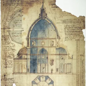 Cross-section of Filippo Brunelleschis design for the dome of Santa Maria del Fiore Cathedral in Florence, Italy. Contemporary drawing by Lodovico Cardi da Cigoli