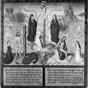CRUCIFIXION. Painting by the Master of the Legend of Saint Barbara, late 15th century