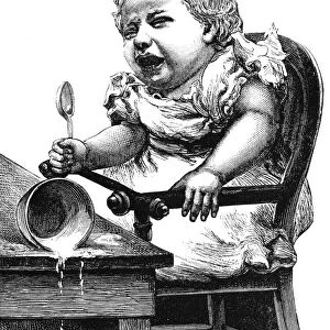 CRYING OVER SPILT MILK. Wood engraving, 19th century