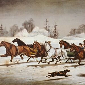 CURRIER & IVES WINTER SCENE. Trotting Cracks on the Snow : lithograph, 1858, by Currier & Ives
