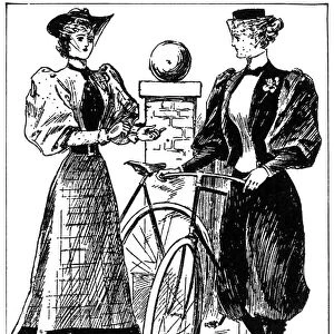 CYCLING COSTUMES, 1897. Costumes for women cyclists. Drawing from an American magazine of 1897