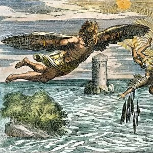 DAEDALUS AND ICARUS. French colored engraving, 1660