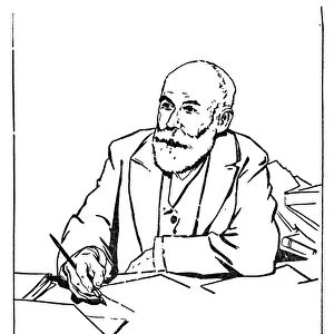 DANIEL DE LEON (1852-1914). American (Dutch-born) Socialist leader and writer. Writing his report to the Amsterdam Congress in 1904. Pen drawing by Walter Steinhilber
