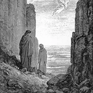 DANTE: PURGATORIO. Dante and Virgil are summoned by an angel to ascend to the fifth level of Purgatory (Canto XIX, lines 51-3). Wood engraving, 19th century, after Gustave Dore