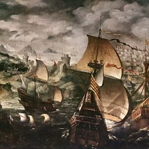 DEFEAT OF SPANISH ARMADA. Queen Elizabeth I of England reviewing ships returning