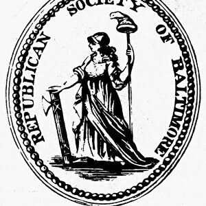 DEMOCRATIC-REPUBLICAN PARTY. Label for the Democratic-Republican Party, 1790. Seal shows the French liberty cap