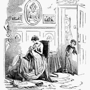 DICKENS: DAVID COPPERFIELD. Young David Copperfield inspecting the new arrival. Wood engraving from a 19th century American edition of Charles Dickens David Copperfield